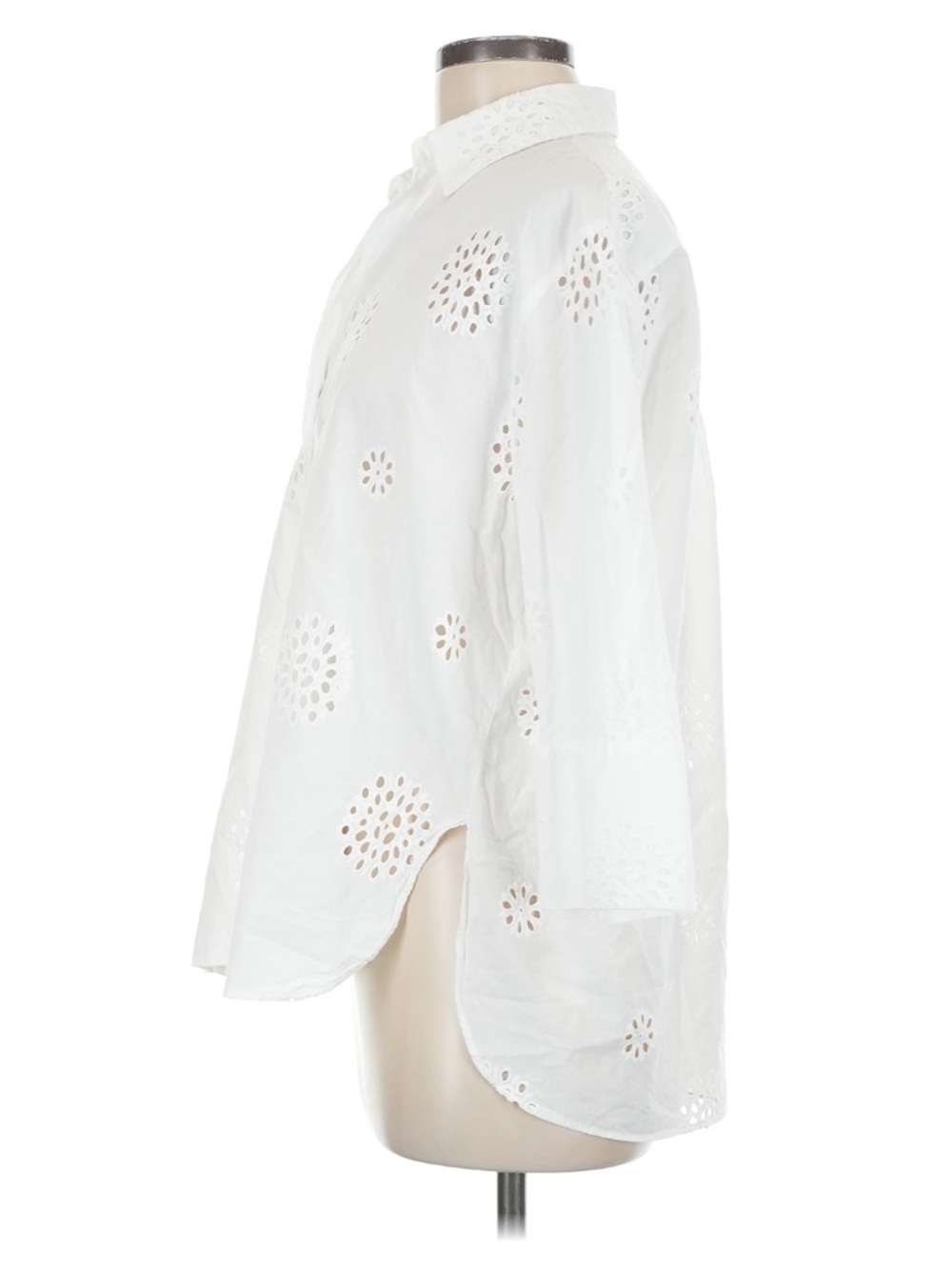 Women’s White Eyelet Cut Out Button-Up Collared Shirt Top Side Medium - Picture 7 of 11